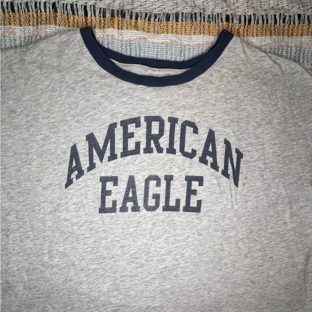 American Eagle Outfitters Heather Gray Crop Top with Navy Logo